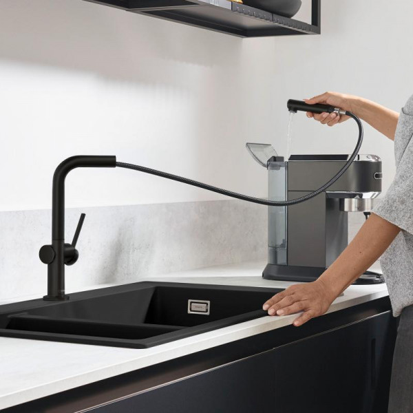 Baterie de bucatarie Hansgrohe Talis M54 72808670, 3/8'', pipa inalta, tip L, dus extractabil, mat, negru - Img 2