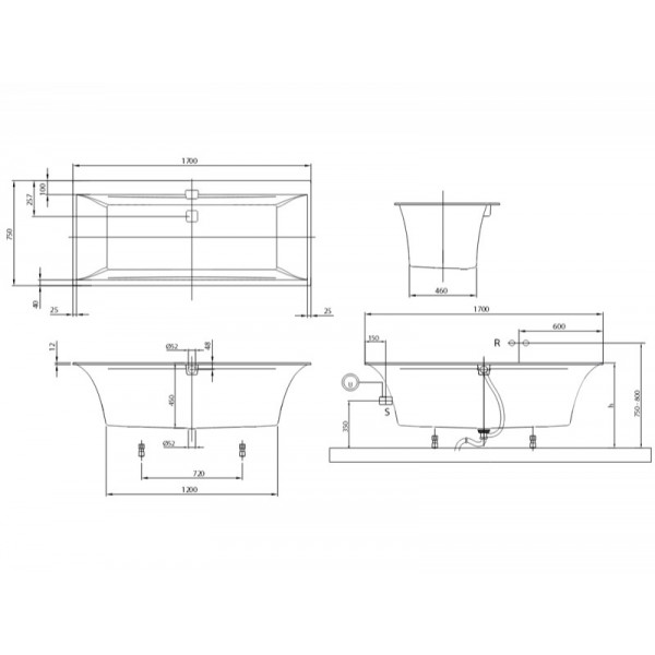 Cada pentru inzidire, 170 x 75 cm, alb, Squaro Edge Villeroy &amp; Boch - Img 2