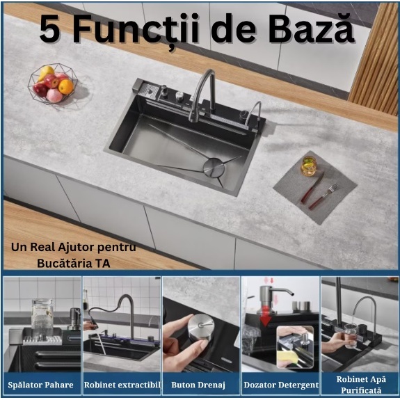 Chiuveta bucatarie multifunctionala Smart II, inox SUS304, negru, cu baterie smart, display digital si accesorii, 75 x 48 x 22 cm, Anahita - Img 5