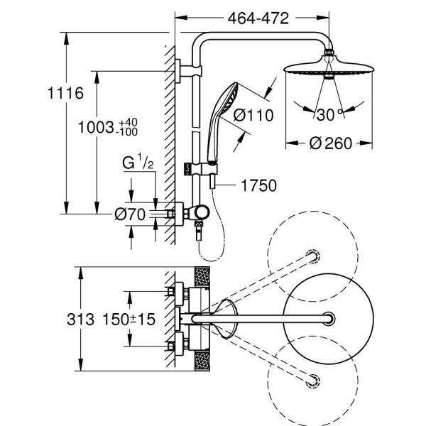 Coloana de dus cu baterie termostatata negru mat Euphoria 260 Grohe  - Img 3