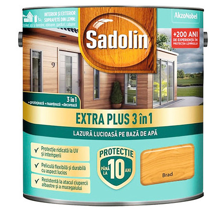 Lazura lucioasa pentru lemn pe baza de apa Sadolin Extra plus 3 in 1 brad 2.5L