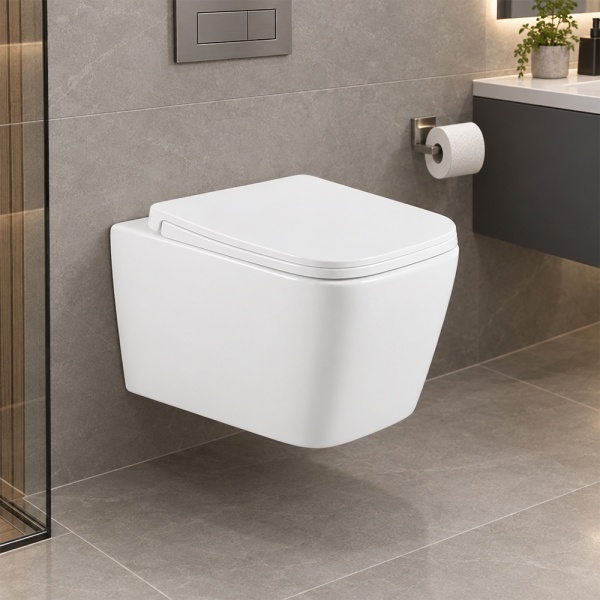 Vas WC suspendat Rivera Anahita, alb, rimless, evacuare orizontala, 36 x 51,5 x 36 cm, capac WC soft close inclus - Img 2