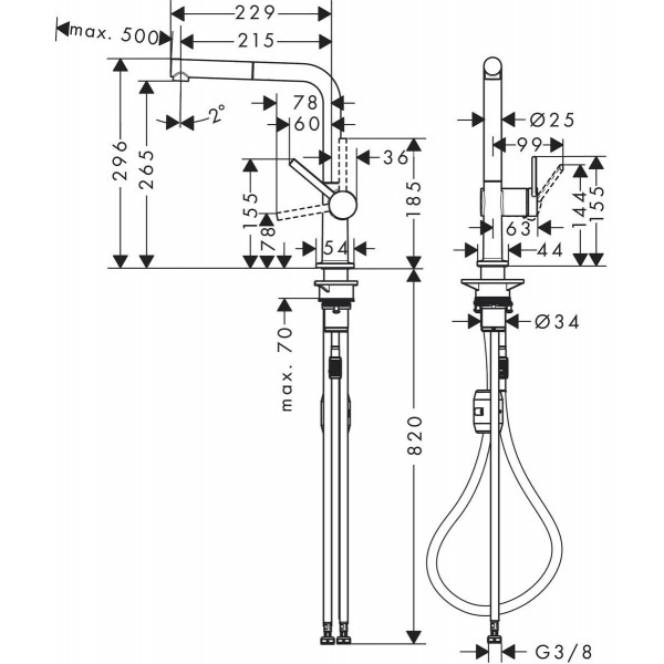 Baterie de bucatarie Hansgrohe Talis M54 72808670, 3/8'', pipa inalta, tip L, dus extractabil, mat, negru - Img 3