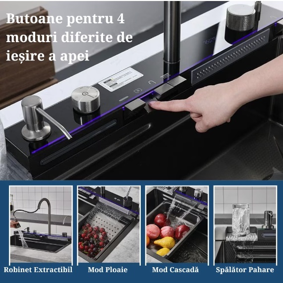 Chiuveta bucatarie multifunctionala Smart II, inox SUS304, negru, cu baterie smart, display digital si accesorii, 75 x 48 x 22 cm, Anahita - Img 7