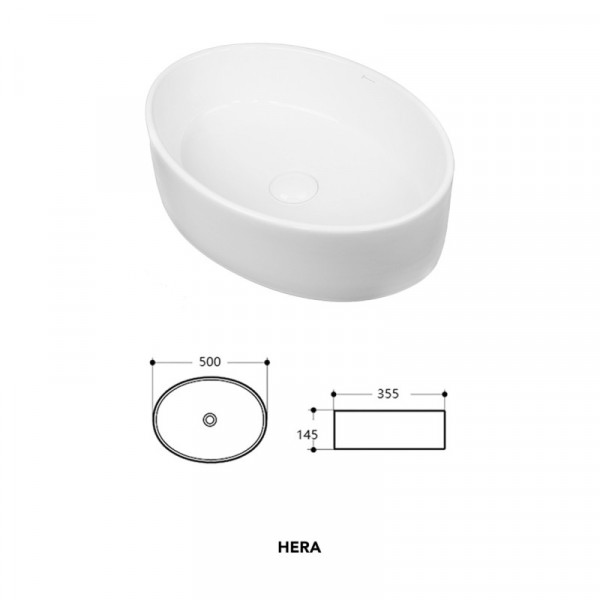 Lavoar baie pe blat HERA, oval, alb din ceramica, 50x35.5x14.5cm CBA072 Fluminia - Img 2