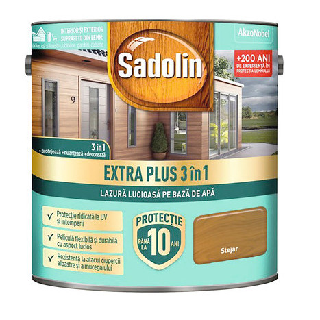 Lazura lucioasa pentru lemn pe baza de apa Sadolin Extra plus 3 in 1 stejar 2.5L