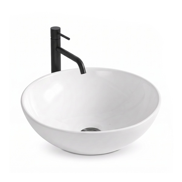 Set lavoar pe blat Elegance, alb, rotund, 38 x 38 x 13 cm, cu baterie lavoar inalta Slimmer, negru mat, H 32.2 cm - Img 2