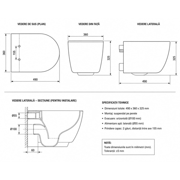 Vas WC suspendat cu bideu încorporat Rimless și capac Soft Close, 49 x 36 x 32,5 cm, alb, Art, Anahita - Img 7
