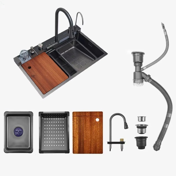Chiuveta bucatarie multifunctionala Smart II, inox SUS304, negru, cu baterie smart, display digital si accesorii, 75 x 48 x 22 cm, Anahita - Img 4