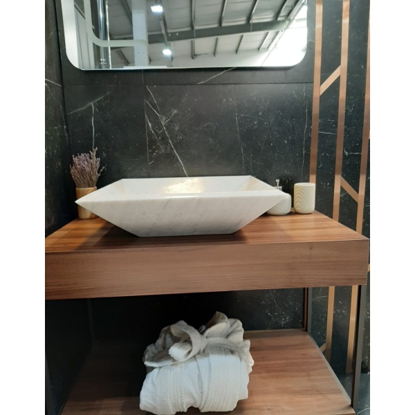 Lavoar baie pe blat, MARMARA WHITE, alb din marmura 50x50x13cm - Img 2