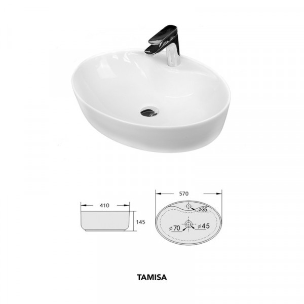 Lavoar baie pe blat TAMISA, oval, alb din ceramica 57 x 41cm, Fluminia - Img 2