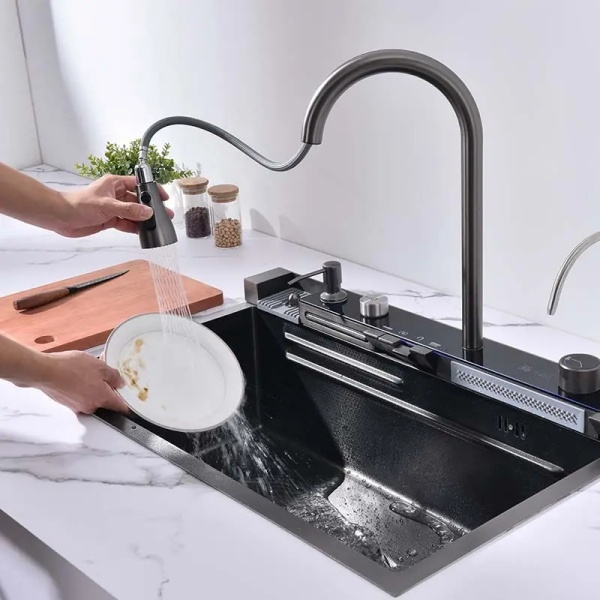 Chiuveta bucatarie multifunctionala Smart II, inox SUS304, negru, cu baterie smart, display digital si accesorii, 75 x 48 x 22 cm, Anahita - Img 8