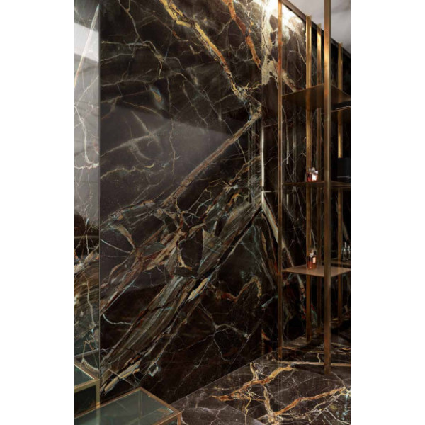 Gresie CARAVAGGIO GOLD 119251 120x260cm, interior-exterior, tip marmura, rectificat, negru-maro, Naxos - Img 2