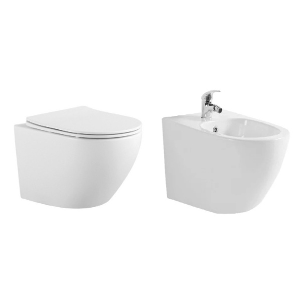 Set vas WC si Bideu suspendat, alb, rimless și capac soft close, Eternity, Anahita