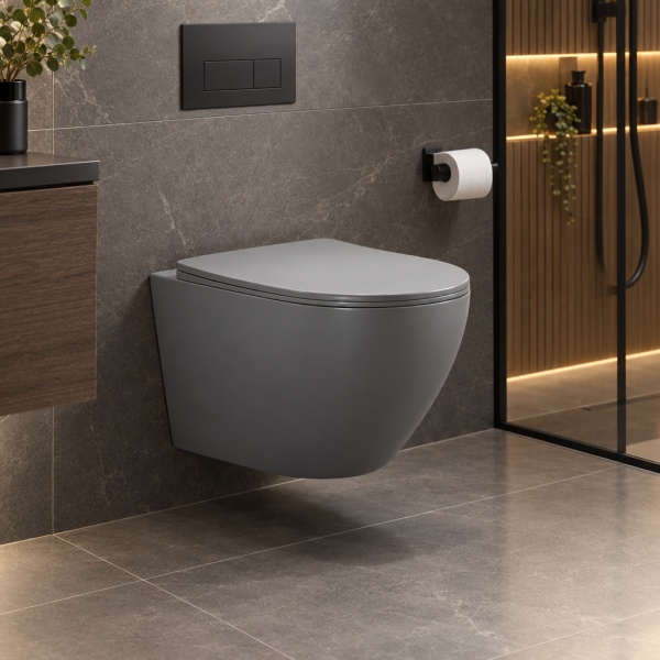 Vas WC suspendat Anahita Eternity, 32 x 52,5 x 36 cm gri, rimless, evacuare orizontala, capac WC soft close inclus - Img 2