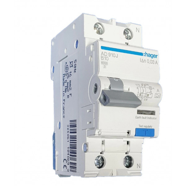 Disjunctor diferential RCBO P+N 10A 30mA curba B tip A AD910J Hager