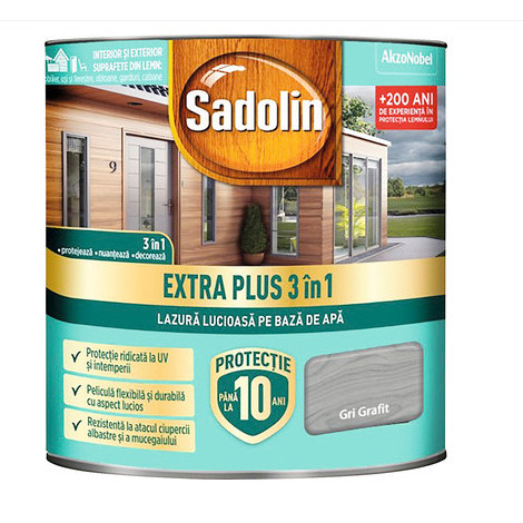 Lazura lucioasa pentru lemn pe baza de apa Sadolin Extra plus 3 in 1 gri grafit 0.75L
