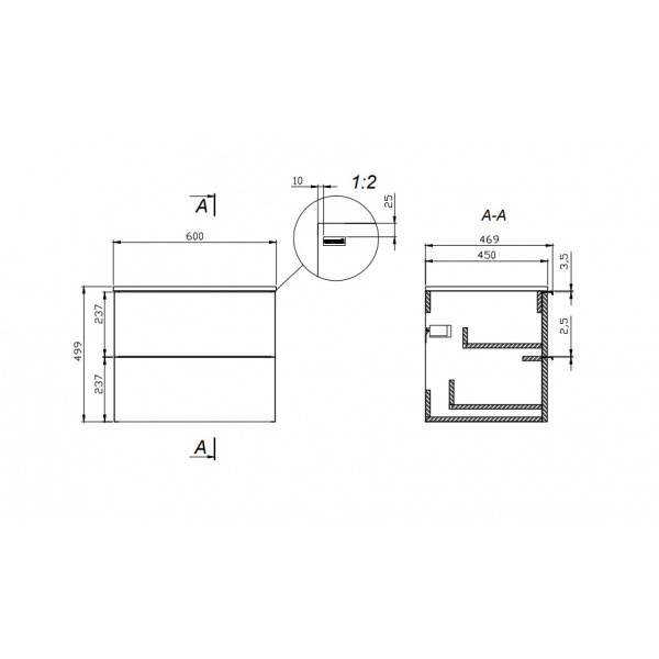 Mobilier suspendat alb Virgo 60cm cu manere negre pentru lavoar pe blat S522-019 - Img 2