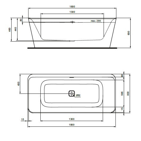 Cada freestanding dreptunghiulara, 180x80x49 cm, TONIC II sifon cu ventil click-clack inclus E398101, Ideal Standard - Img 4