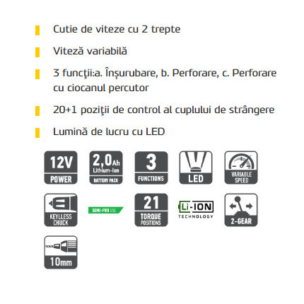 Masina de insurubat si gaurit cu percutie cu acumulator CHD 12V PLUS - Img 3