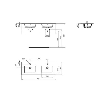 Lavoar baie dublu Tempo, dreptunghiular alb din ceramica 121.5x44.5cm E053401 Ideal Standard - Img 2