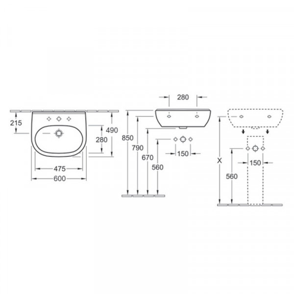 Lavoar baie suspendat O.NOVO, alb din ceramica, 60X49cm 51606001 Villeroy &amp; Boch - Img 2