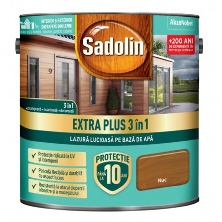 Lazura lucioasa pentru lemn pe baza de apa Sadolin Extra plus 3 in 1 nuc 2.5L