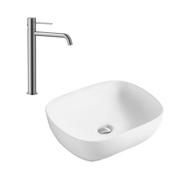 Set lavoar pe blat Elegance rectangular alb cu baterie lavoar crom inalta Slimmer