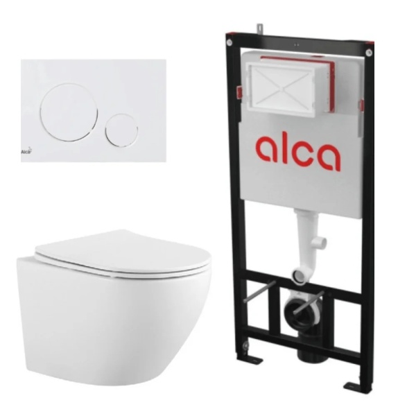 Set vas WC suspendat alb Eternity si rezervor incastrat Alcadrain cu clapeta actionare alba M670, Anahita