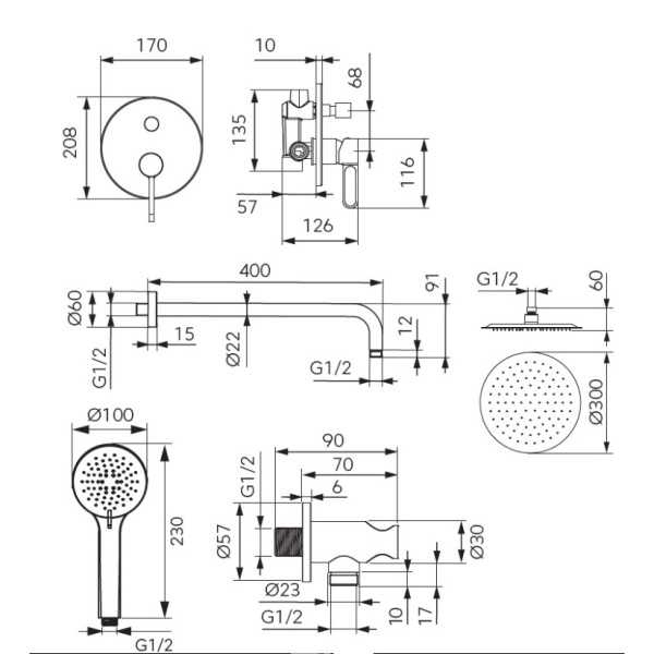 Sistem dus incastrat negru mat Zaffiro FD1-ZFR-7PSET1-22 FDESIGN - Img 2