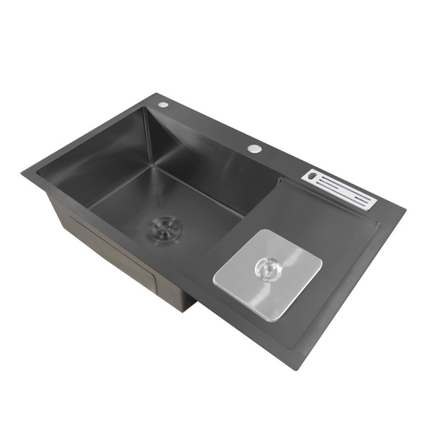 Chiuveta bucatarie cu o cuva, inox, negru, cu cos de gunoi si suport cutite, 78 x 48 x 22 cm, Anahita - Img 2