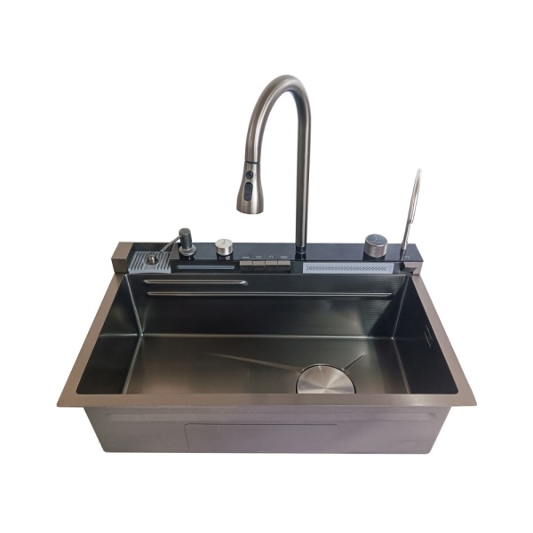 Chiuveta bucatarie multifunctionala Smart II, inox SUS304, negru, cu baterie smart, display digital si accesorii, 75 x 48 x 22 cm, Anahita - Img 3