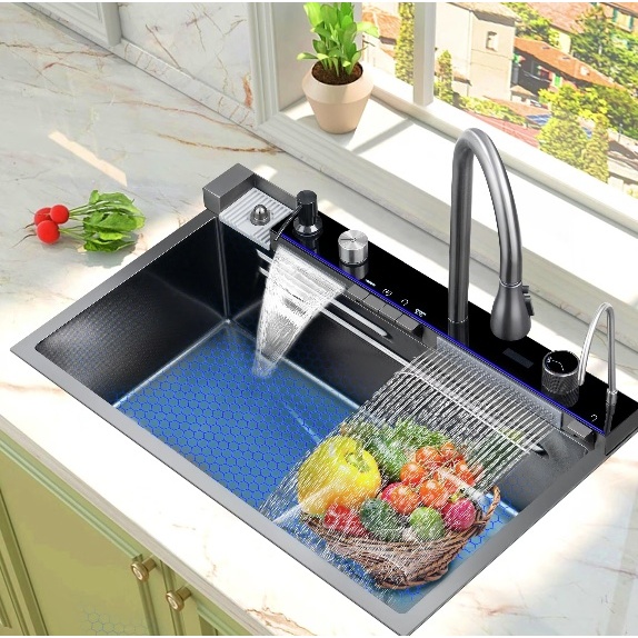 Chiuveta bucatarie multifunctionala Smart II, inox SUS304, negru, cu baterie smart, display digital si accesorii, 75 x 48 x 22 cm, Anahita - Img 2