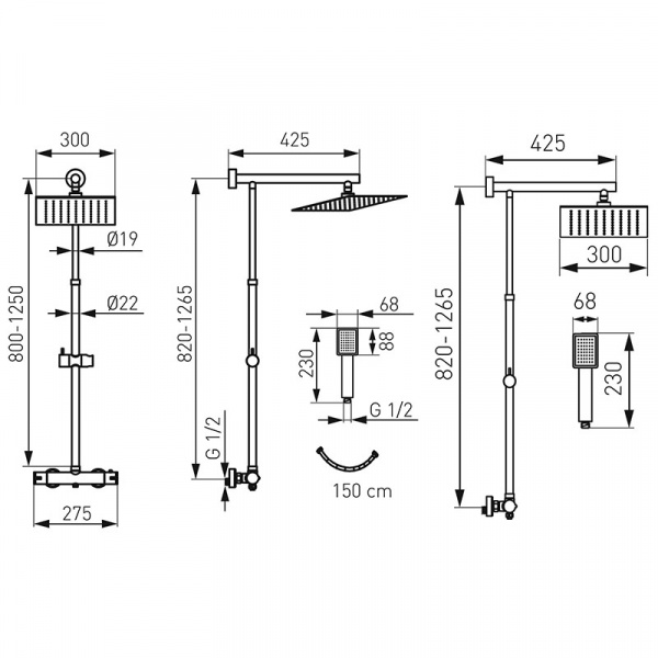 Coloana de dus Trevi Square cu cap fix si para dus mobila, baterie dus termostatica NP75SQ-TRV7U Ferro - Img 2