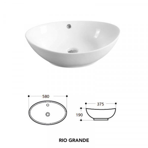 Lavoar baie pe blat RIO GRANDE, oval, alb din ceramica, 58x37,5cm Fluminia - Img 3