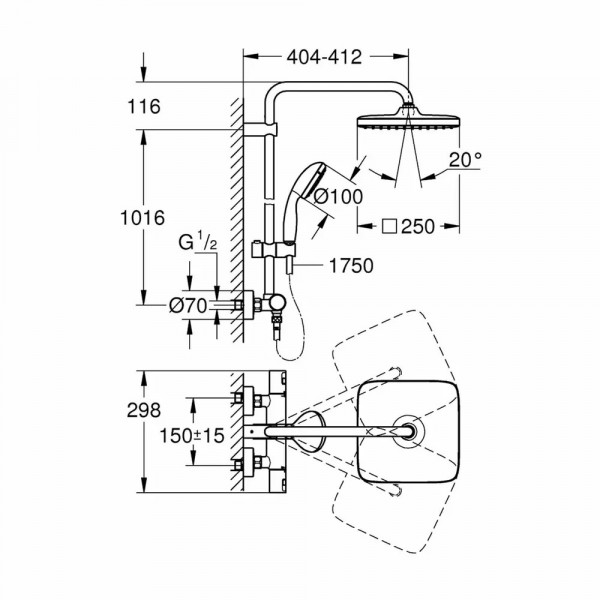 Sistem de dus Vitalio Cube 250 26696000, 1/2'', aparent, 250 mm, termostat, Turbostat, anti-calcar, crom GRO26696000 - Img 2