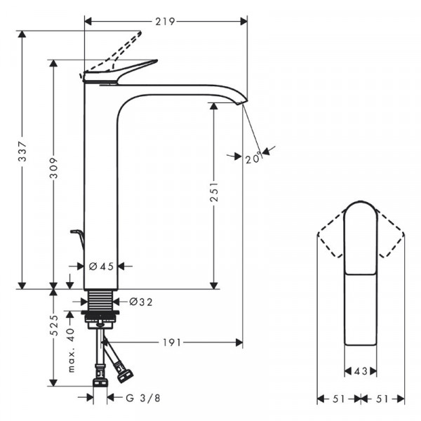 Baterie inalta lavoar Vivenis 250 cu ventil, crom 75040000 Hansgrohe - Img 2