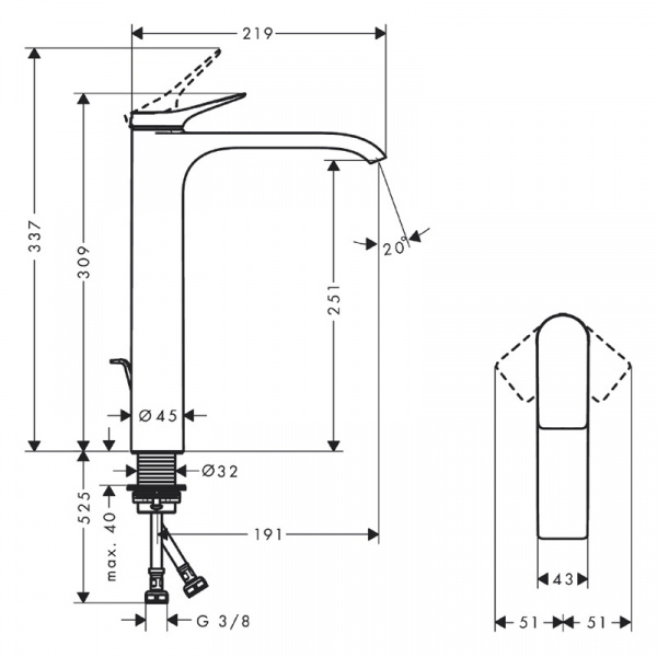 Baterie inalta lavoar Vivenis 250, cu ventil, negru mat 75040670 Hansgrohe - Img 2