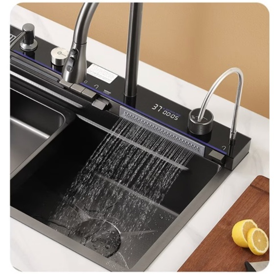 Chiuveta bucatarie multifunctionala Smart II, inox SUS304, negru, cu baterie smart, display digital si accesorii, 75 x 48 x 22 cm, Anahita - Img 6