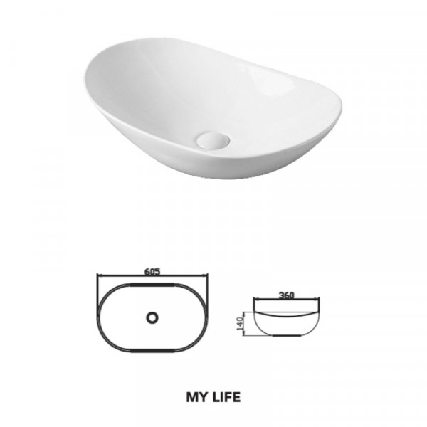Lavoar baie pe blat MY LIFE, oval, alb din ceramica 60.5x36cm, Fluminia - Img 2
