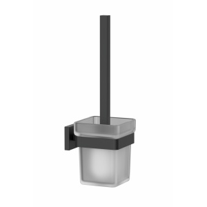 Perie WC cu suport Cube Himark, negru mat, recipient din sticlă, montaj pe perete