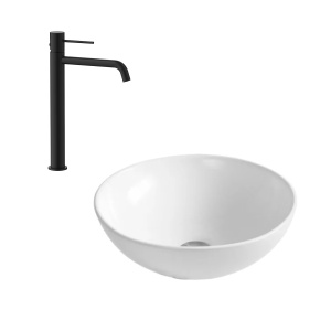 Set lavoar pe blat Elegance, alb, dreptunghiular, 50 x 39 x 13 cm, cu baterie lavoar inalta Slimmer, negru mat, H 32.2 cm