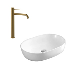 Set lavoar pe blat Eternity, alb, oval, 50 x 37 x 13.5 cm, cu baterie lavoar inalta Slimmer, gold periat, H 32.2 cm