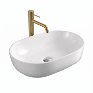 Set lavoar pe blat Eternity, alb, oval, 50 x 37 x 13.5 cm, cu baterie lavoar inalta Slimmer, gold periat, H 32.2 cm - Img 2