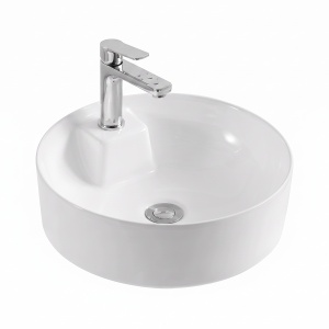 Lavoar pe blat Eternity, rotund, alb, cu orificiu pentru baterie, ceramica sanitara, 40,5 x 40,5 x 14 cm, Anahita