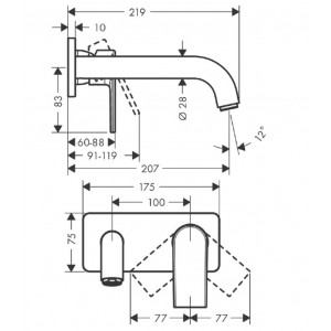 Ornament baterie lavoar perete VERNIS SHAPE pipa 20,5 cm negru mat 71578670 Hansgrohe fara corp incastrat - Img 2