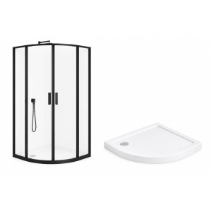 Set cabina dus Recall semirotunda profil negru, 8 mm sticla 80 × 80 cm, cu cadita din compozit – Anahita