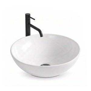 Set lavoar pe blat Elegance, alb, rotund, 38 x 38 x 13 cm, cu baterie lavoar inalta Slimmer, negru mat, H 32.2 cm - Img 2