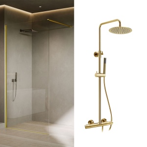 Set paravan dus Recall Anahita, gold, profil L, 90 x 200 cm, sticla 8 mm, coloana dus Himark cu termostat