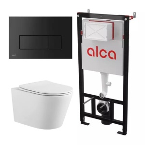 Set vas WC suspendat Beauty, alb, Rimless, cu capac Soft Close, rezervor incastrat Alcadrain AM101/112 si clapeta M578 neagra, Anahita